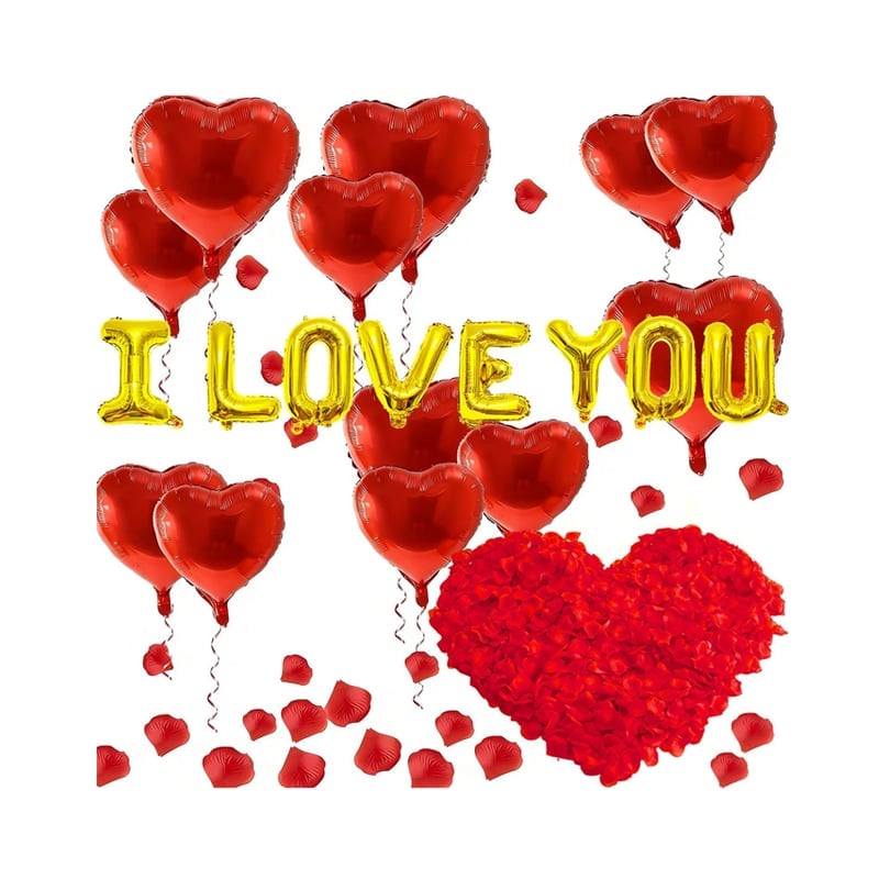 Decorated room for Valentine's with a mix of red and pink heart-shaped balloons