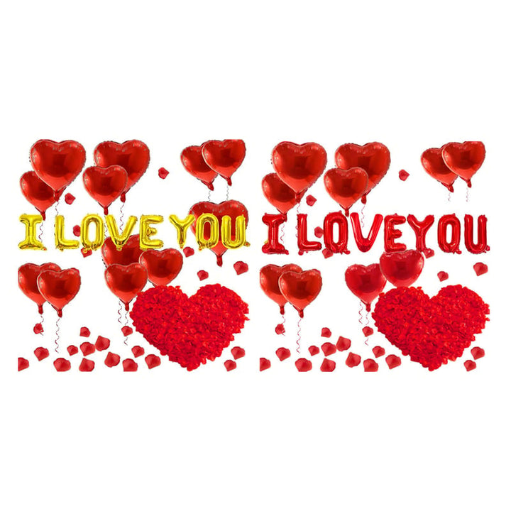 Foil balloons spelling 'LOVE' as the centerpiece of a Valentine's decoration set