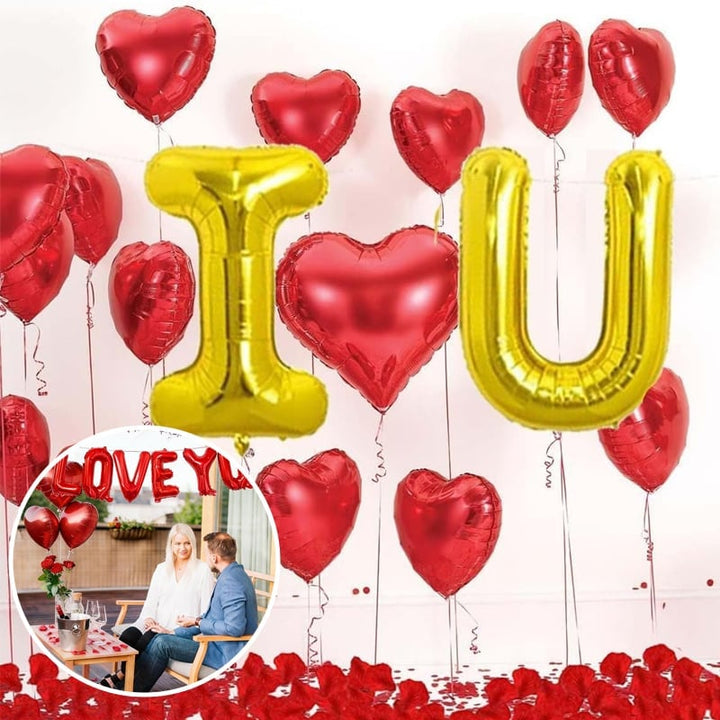 Close-up of 'LOVE' foil balloons from Valentine's Day decoration set