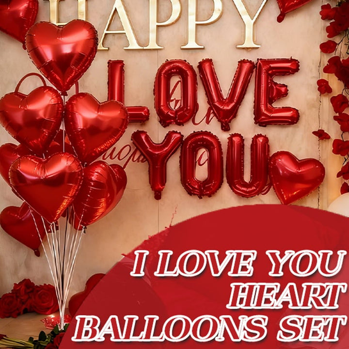 Various red heart foil balloons inflated and ready for a Valentine's celebration
