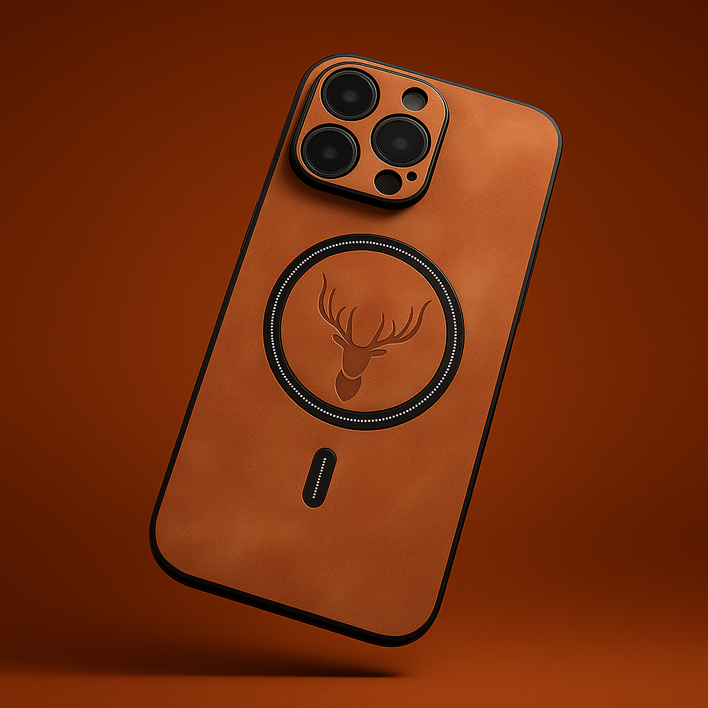 Vegan leather MagSafe phone case for iPhone with deer emblem, showcasing ocean blue color & slim design
