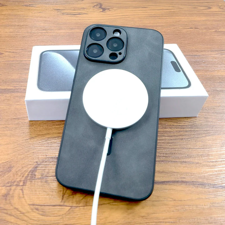 Side view of a slim vegan leather iPhone case, demonstrating its sleek design & protective qualities
