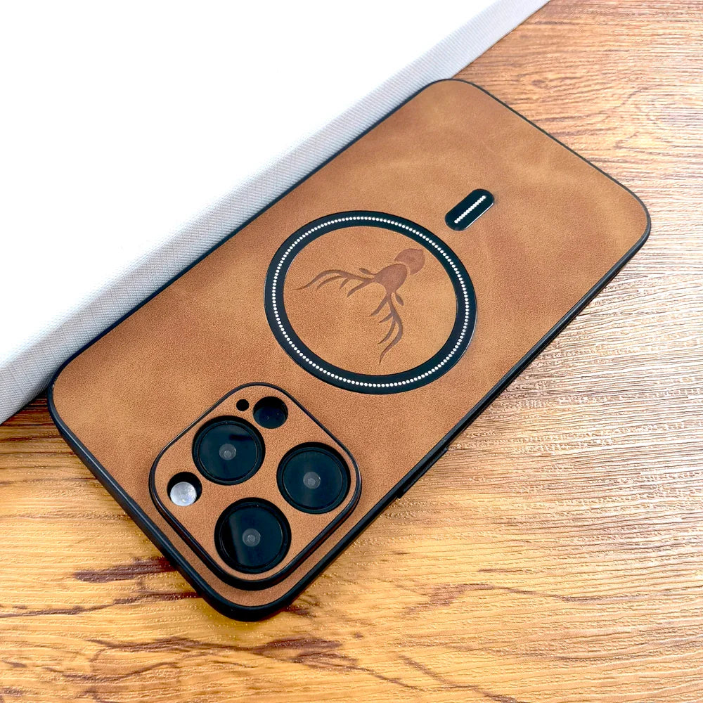 Vegan leather MagSafe iPhone case with an emphasis on its strong MagSafe connection for accessories