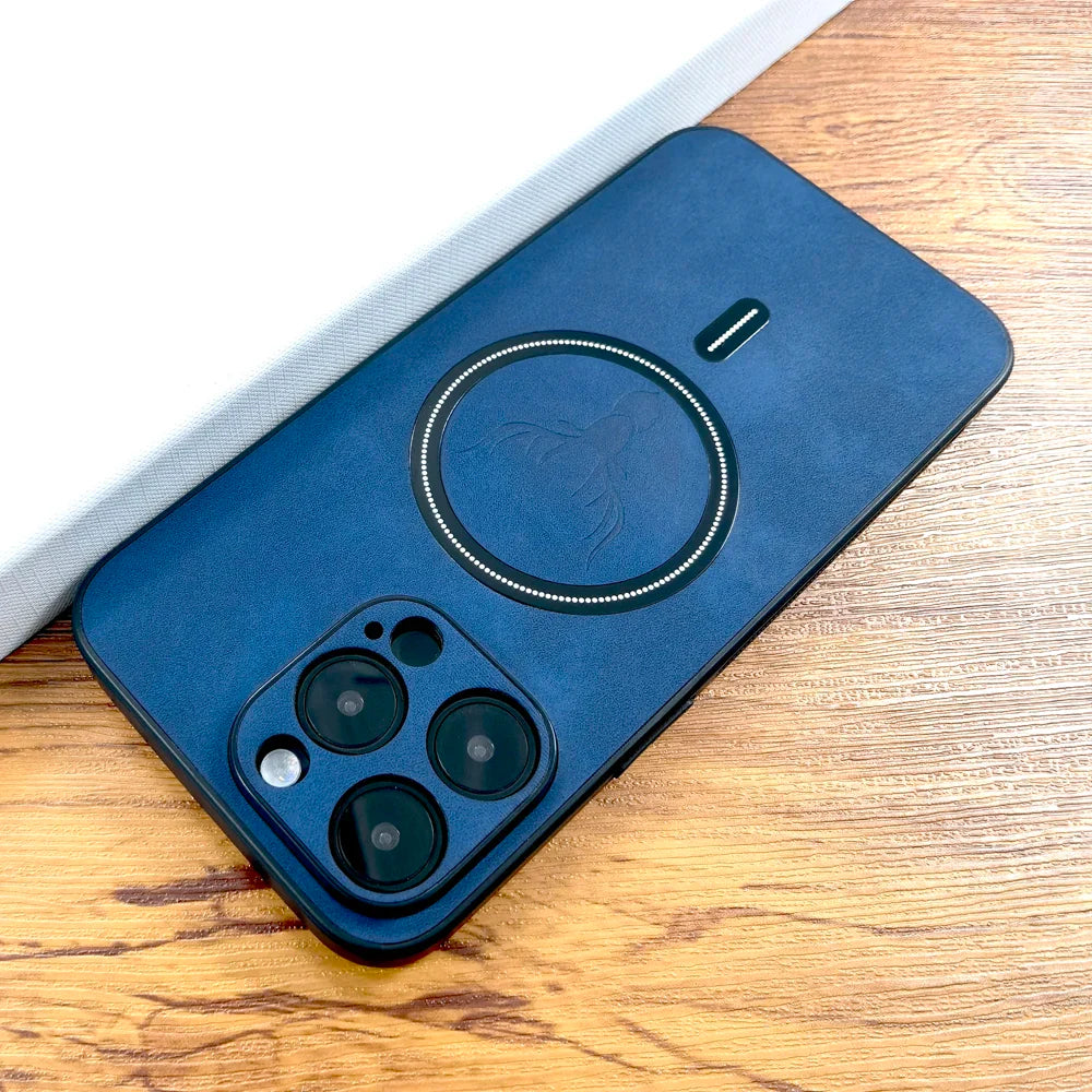 Hand holding an iPhone with a vegan leather MagSafe case, showing comfortable grip and premium look