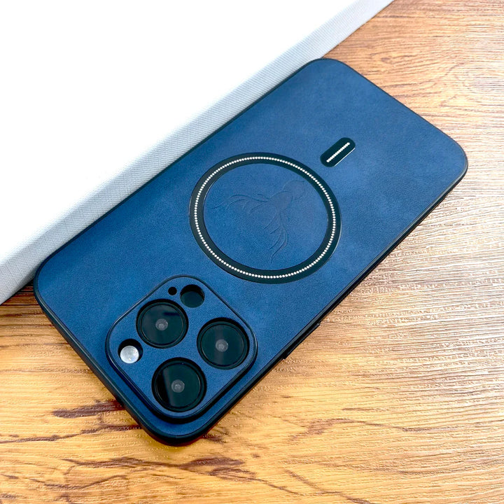 Hand holding an iPhone with a vegan leather MagSafe case, showing comfortable grip and premium look