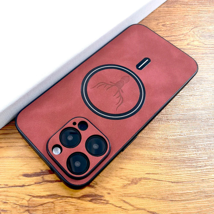 Assorted vegan leather MagSafe phone cases for iPhone, highlighting various color options and slim profiles
