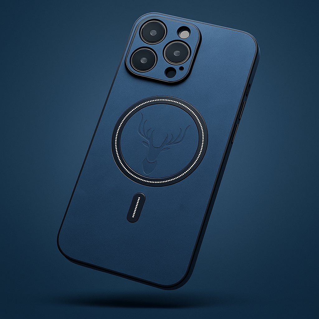 Ocean blue vegan leather MagSafe iPhone case, protective & stylish with a subtle deer emblem detail