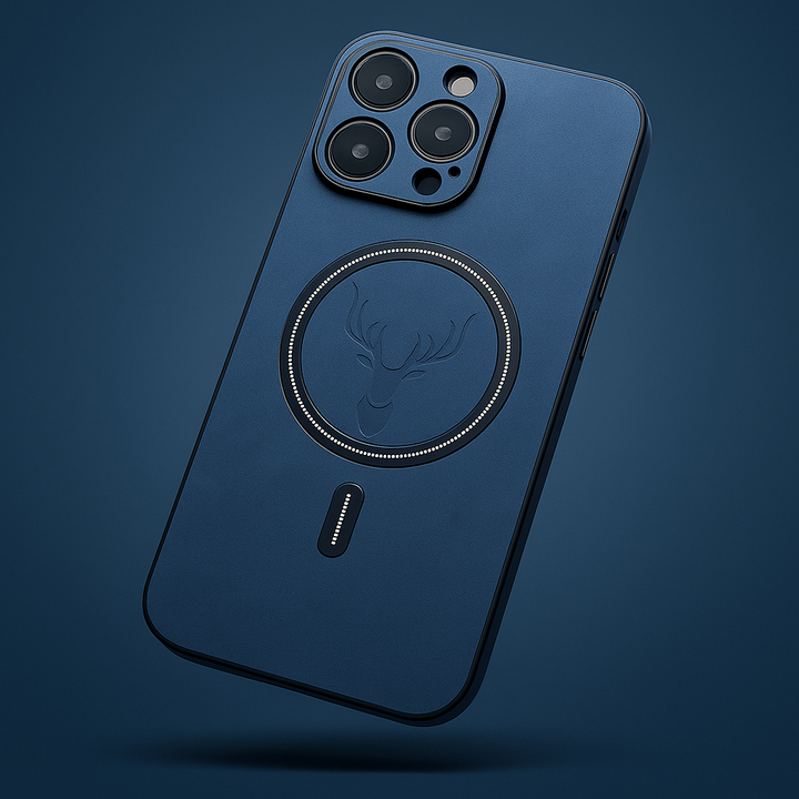 Ocean blue vegan leather MagSafe iPhone case, protective & stylish with a subtle deer emblem detail