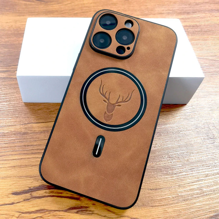 Protective wine red vegan leather iPhone accessory with MagSafe compatibility and a slim, elegant design