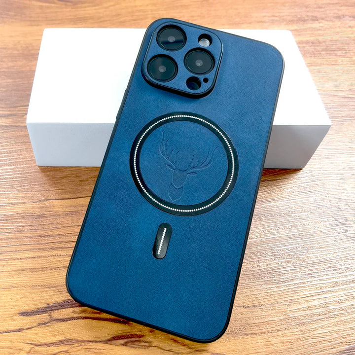 Walnut brown vegan leather MagSafe iPhone case, durable and stylish with an embossed deer emblem