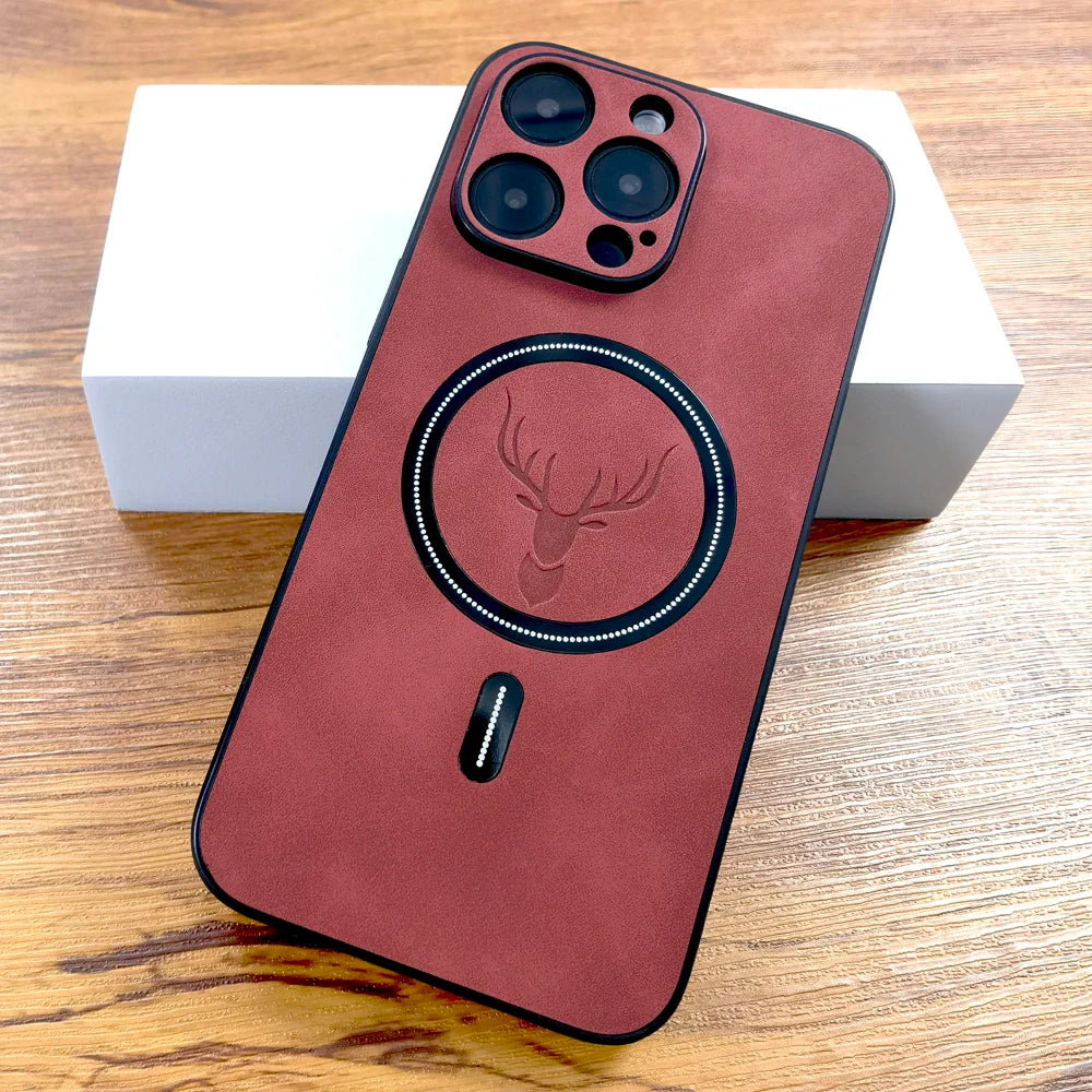 Classic black vegan leather MagSafe phone case for iPhone, a timeless accessory with a deer emblem