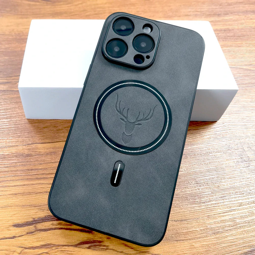 Four vegan leather MagSafe iPhone cases in ocean blue, wine red, walnut brown, and classic black