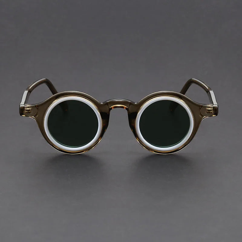 Side view of Velari round frame sunglasses, detailing the temple design and comfortable fit.