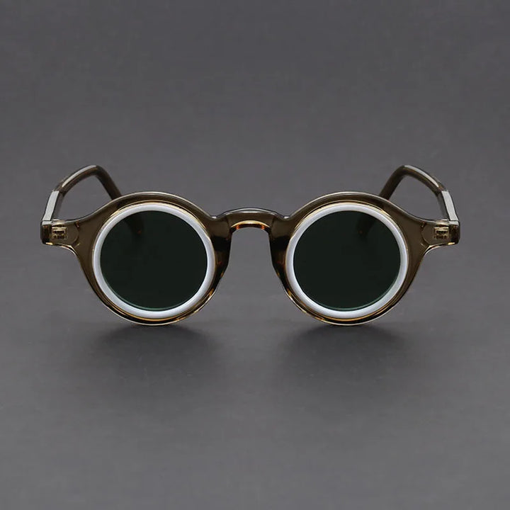 Side view of Velari round frame sunglasses, detailing the temple design and comfortable fit.