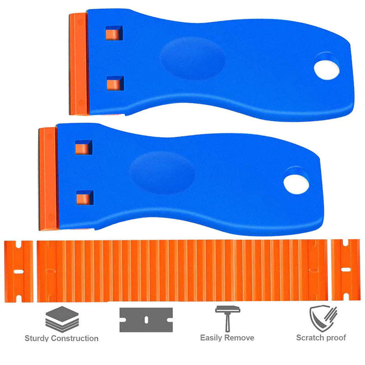 Versatile adhesive scraper tool kit with various plastic blades for safe glue removal on multiple surfaces