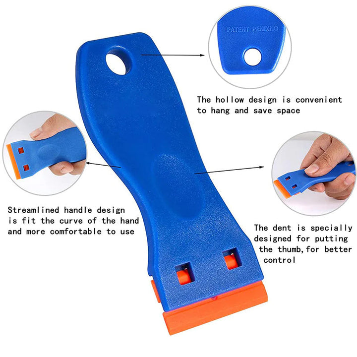 Multi-purpose glue remover scraper tool featuring durable plastic blades for effective adhesive clean-up