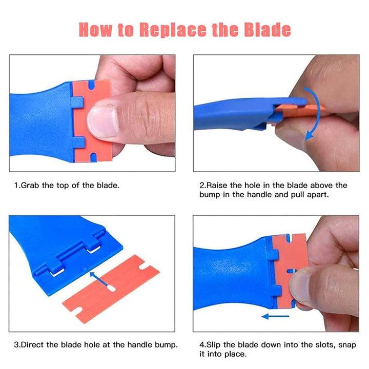 Handy adhesive removal tool with ergonomic handle and interchangeable plastic scraper blades
