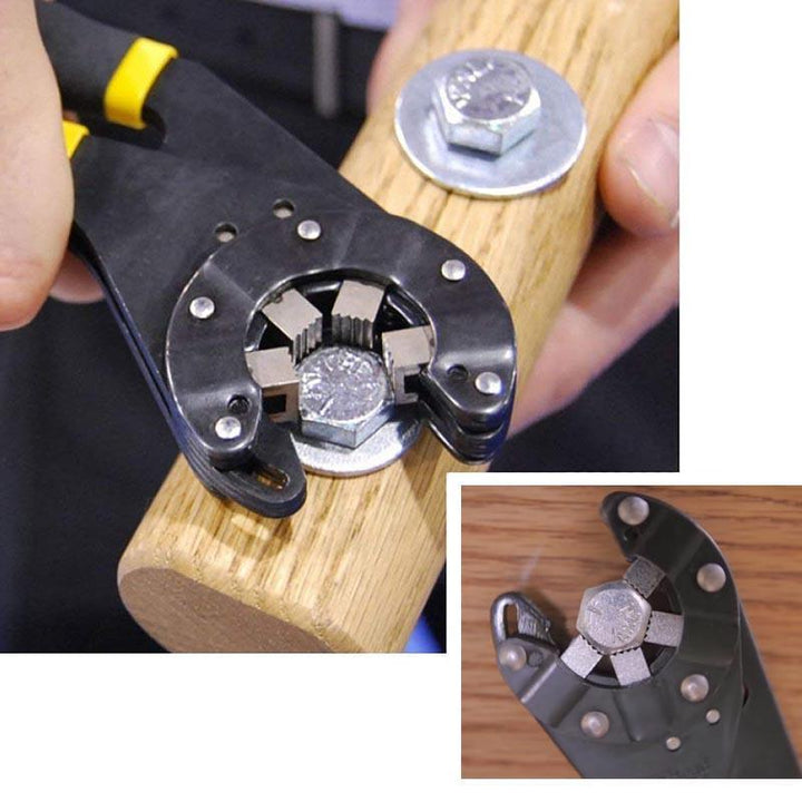 Close-up of the jaws of an adjustable grip wrench, showing precise mechanism