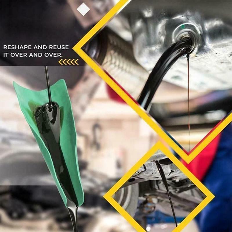 Flexible funnel for draining automotive fluids, essential mechanic's garage tool for easy oil transfers.