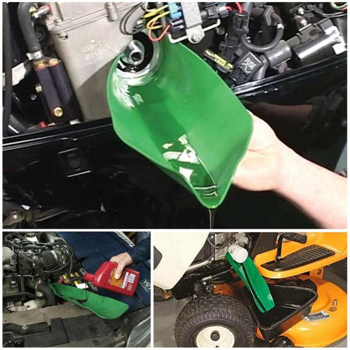 Reusable draining funnel with flexible design, ideal for mess-free automotive fluid transfer and oil changes.