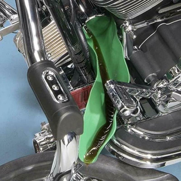 Mechanic's flexible funnel tool for controlled fluid draining, a must-have for any automotive garage.