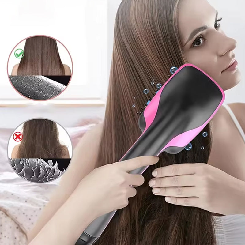 Woman styling her hair with the versatile hair straightener and curler, achieving sleek, straight look