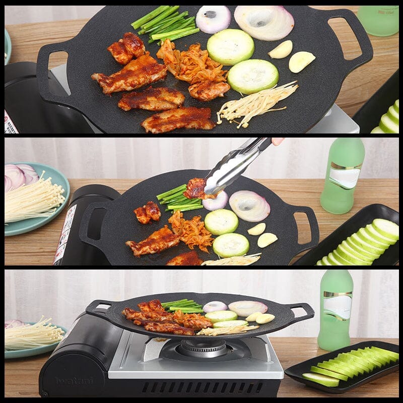 Cooked steak with grill marks from the versatile non-stick round grill pan on a platter