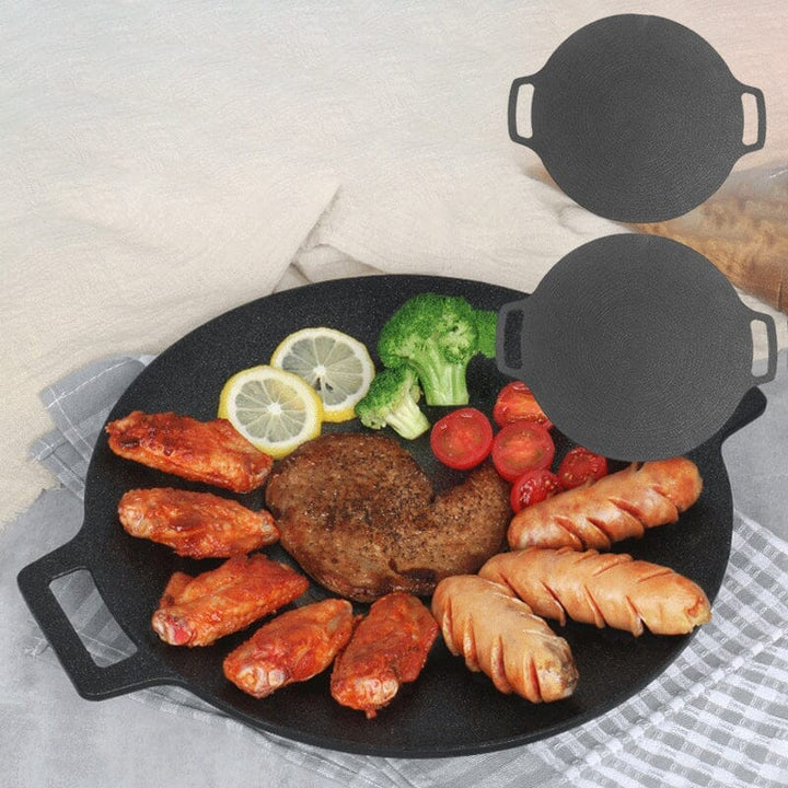 Compact non-stick round grill pan, excellent for small kitchens or camping adventures
