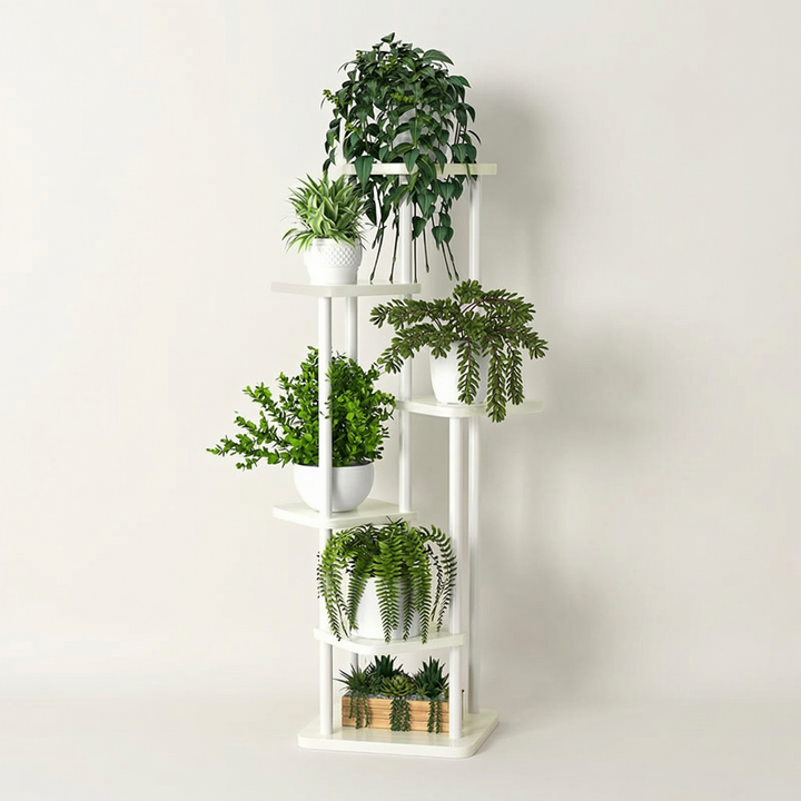 Versatile oak wood display shelf with multiple tiers, perfect for plants, books, and home decor items.
