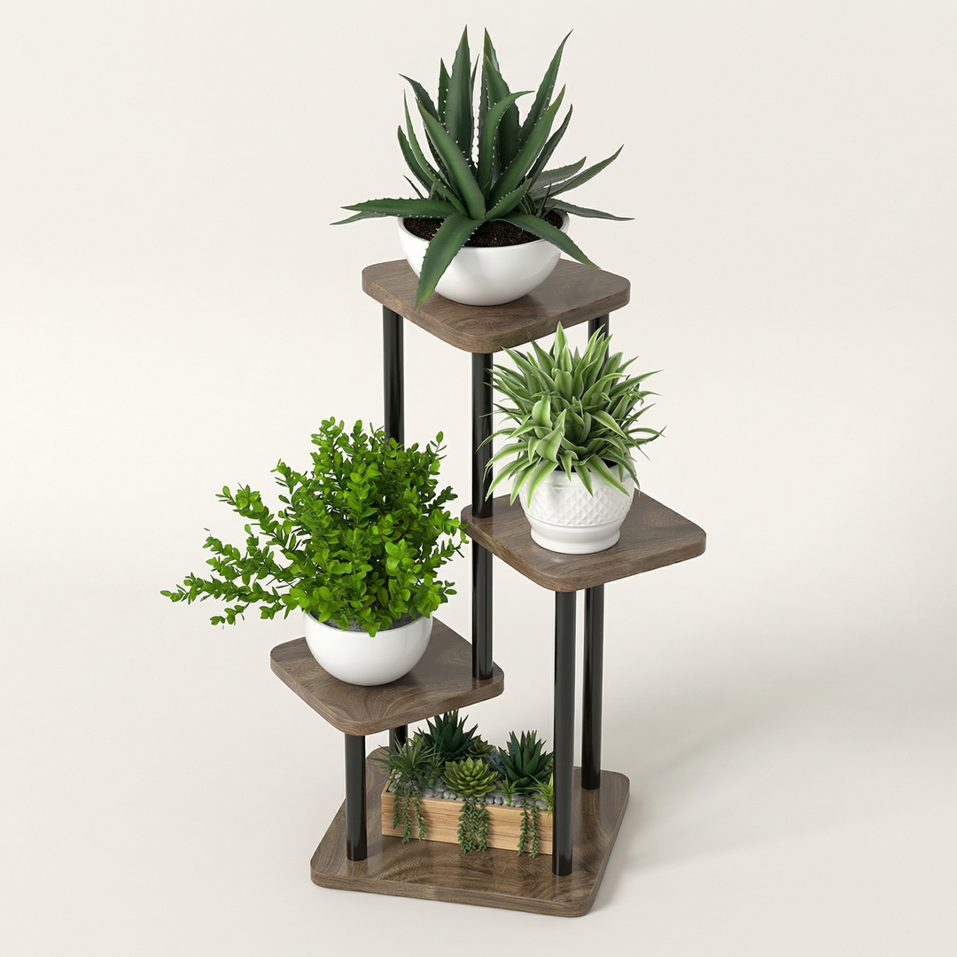 Stylish wooden oak display shelf; a versatile decorative stand for living rooms, holding plants & ornaments.