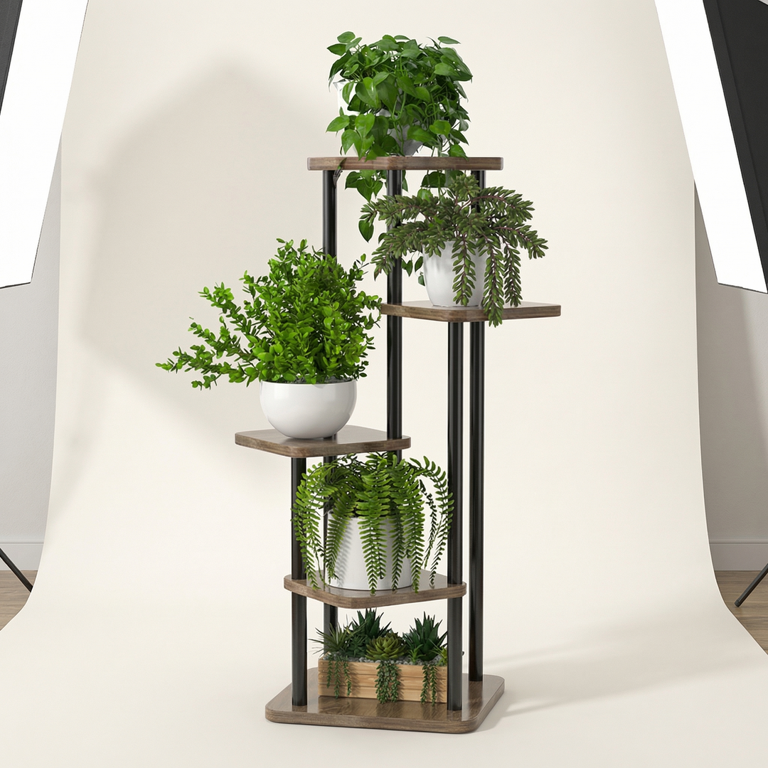 Elegant oak wood plant stand with multiple levels, ideal for showcasing an indoor garden or collectibles.