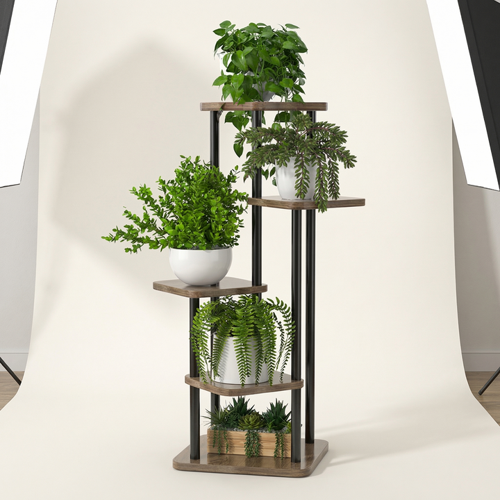 Elegant oak wood plant stand with multiple levels, ideal for showcasing an indoor garden or collectibles.
