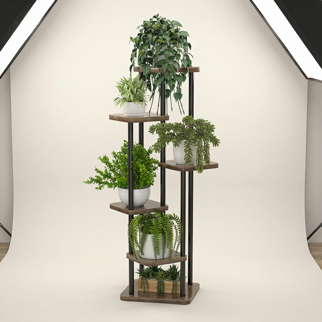 Modern oak storage and display shelf; a multi-tier wooden stand for home organization and contemporary decor.
