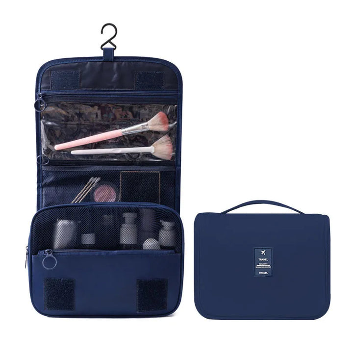 Open travel toiletry bag showcasing 6 organized compartments for various personal care products.