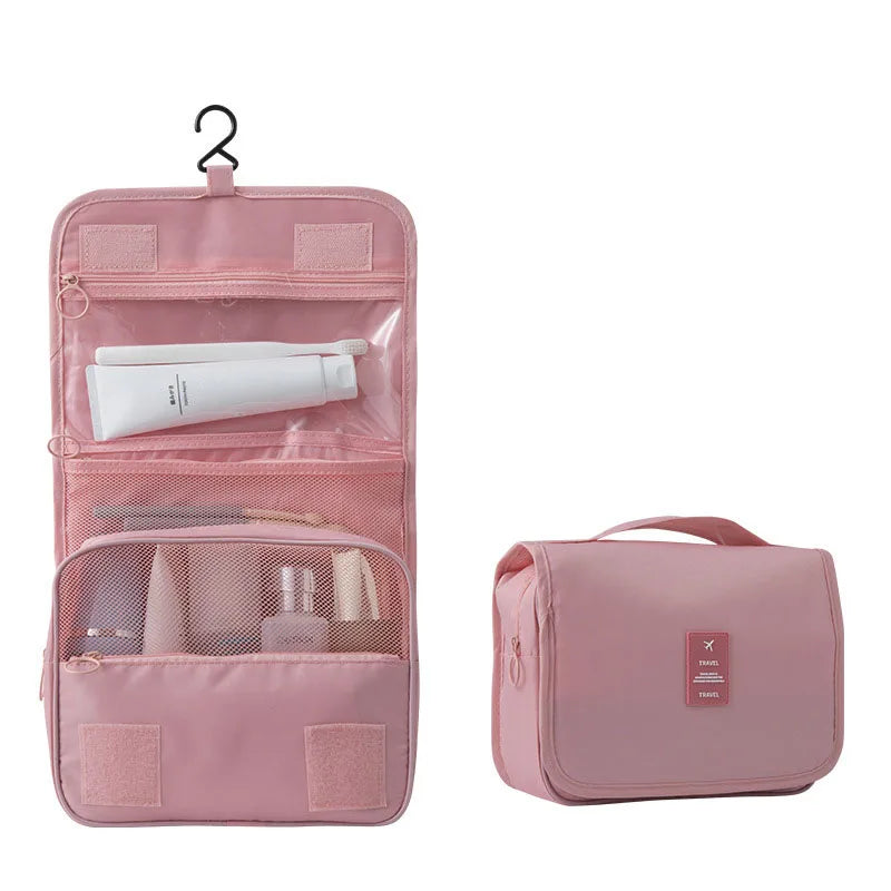 Durable travel organizer bag with hanging hook & 6 compartments for all your personal care needs.