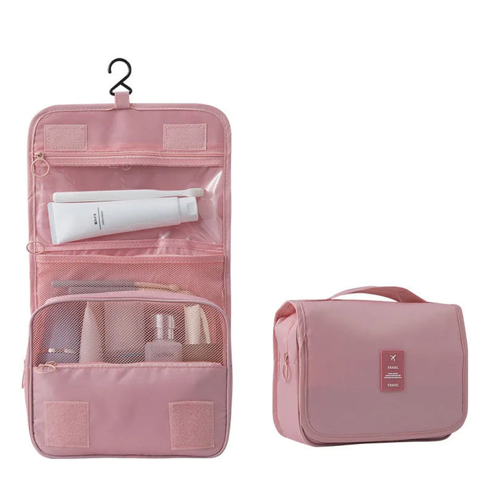 Durable travel organizer bag with hanging hook & 6 compartments for all your personal care needs.