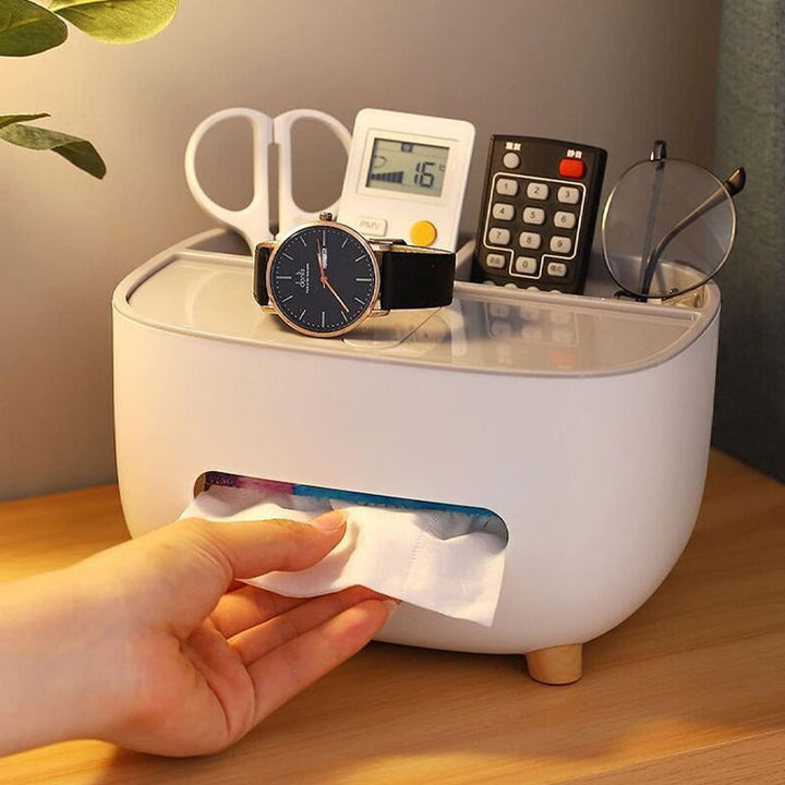 Versatile white ABS plastic tissue box with integrated storage caddy, ideal for home organization.