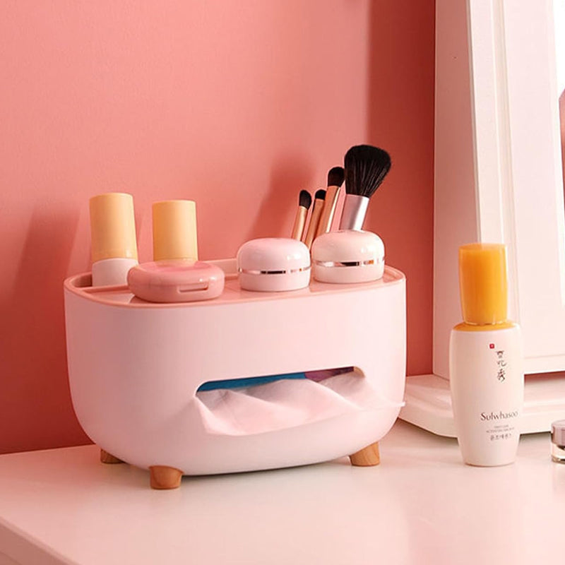 Stylish home organizer tissue box showcasing multiple compartments for desk items and tissues.