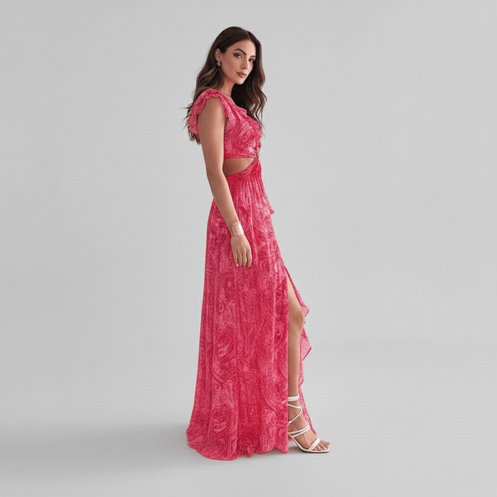 Elegant women's abstract print cut-out maxi dress, ideal for wedding guests, summer parties & special occasions.