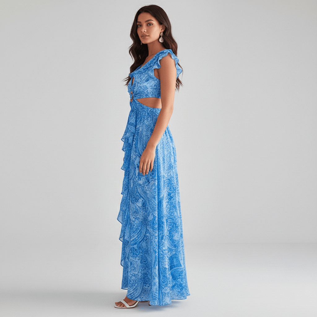 Chic women's abstract print cut-out maxi dress, a fashionable wedding guest option, featuring flowy fabric & ruffle sleeves.