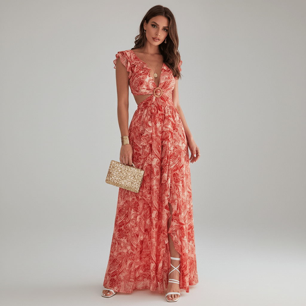 Elegant women's abstract print maxi dress, designed with a flattering cut-out and stylish ruffle sleeves for special events.