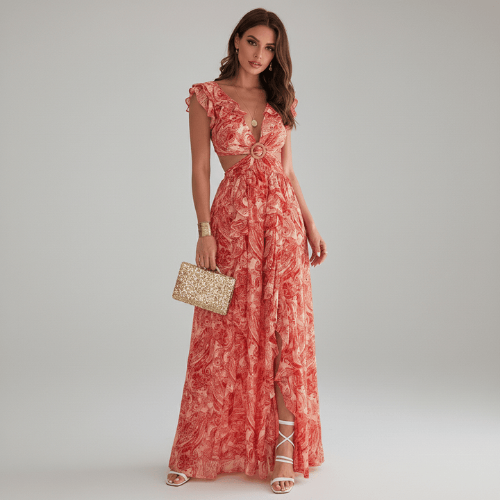 Elegant women's abstract print maxi dress, designed with a flattering cut-out and stylish ruffle sleeves for special events.