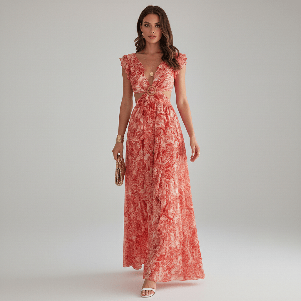 Modern abstract print party maxi dress for women, with a chic cut-out & ruffle sleeve design, perfect for vibrant events.