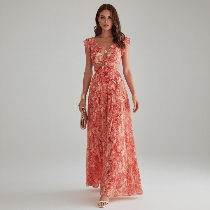 Modern abstract print party maxi dress for women, with a chic cut-out & ruffle sleeve design, perfect for vibrant events.
