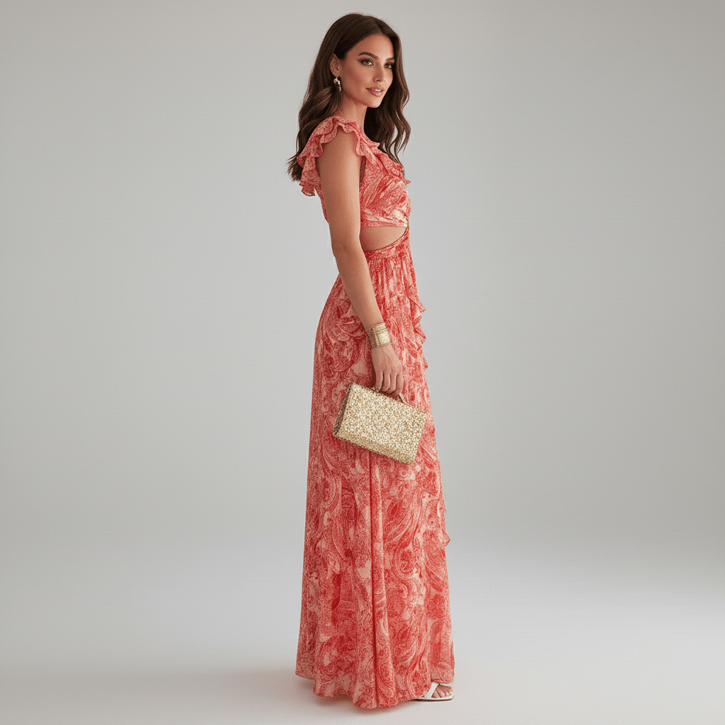 Women's vibrant abstract print maxi dress with stylish cut-out, delicate ruffle sleeves, and flowy silhouette for elegance.