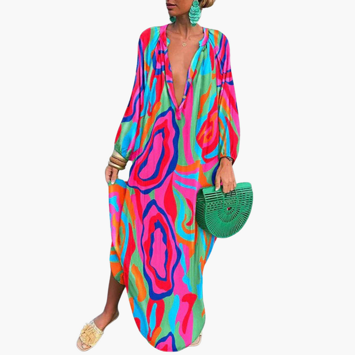 Relaxed fit abstract print V-neck long sleeve maxi dress for women. Chic summer beach & resort wear.