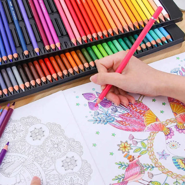 Open Vibrant Artist's Colored Pencil Set, pencils neatly arranged in a durable tin box