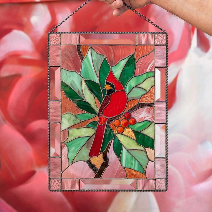 Hand-crafted cardinal bird suncatcher, acrylic window art decor creating colorful reflections, home accent