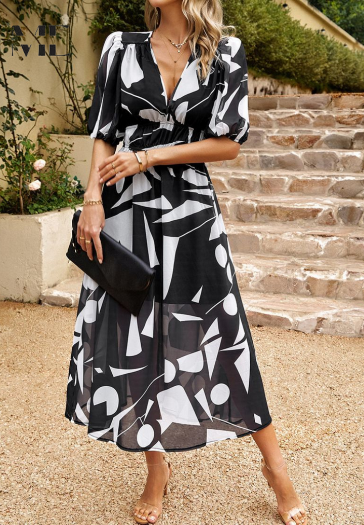 Charming floral A-line midi dress for women, a short sleeve brunch dress delivering feminine style.