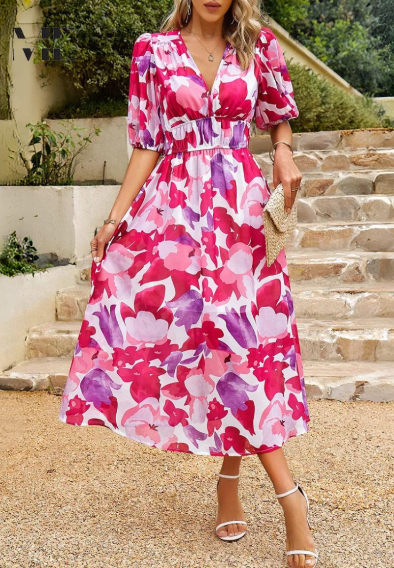 Versatile women's floral A-line midi dress, a short sleeve style great for casual wear or elegant events.